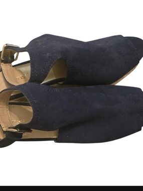Women’s Navy Suede Slingback Peep-Toe Wedge Sandals